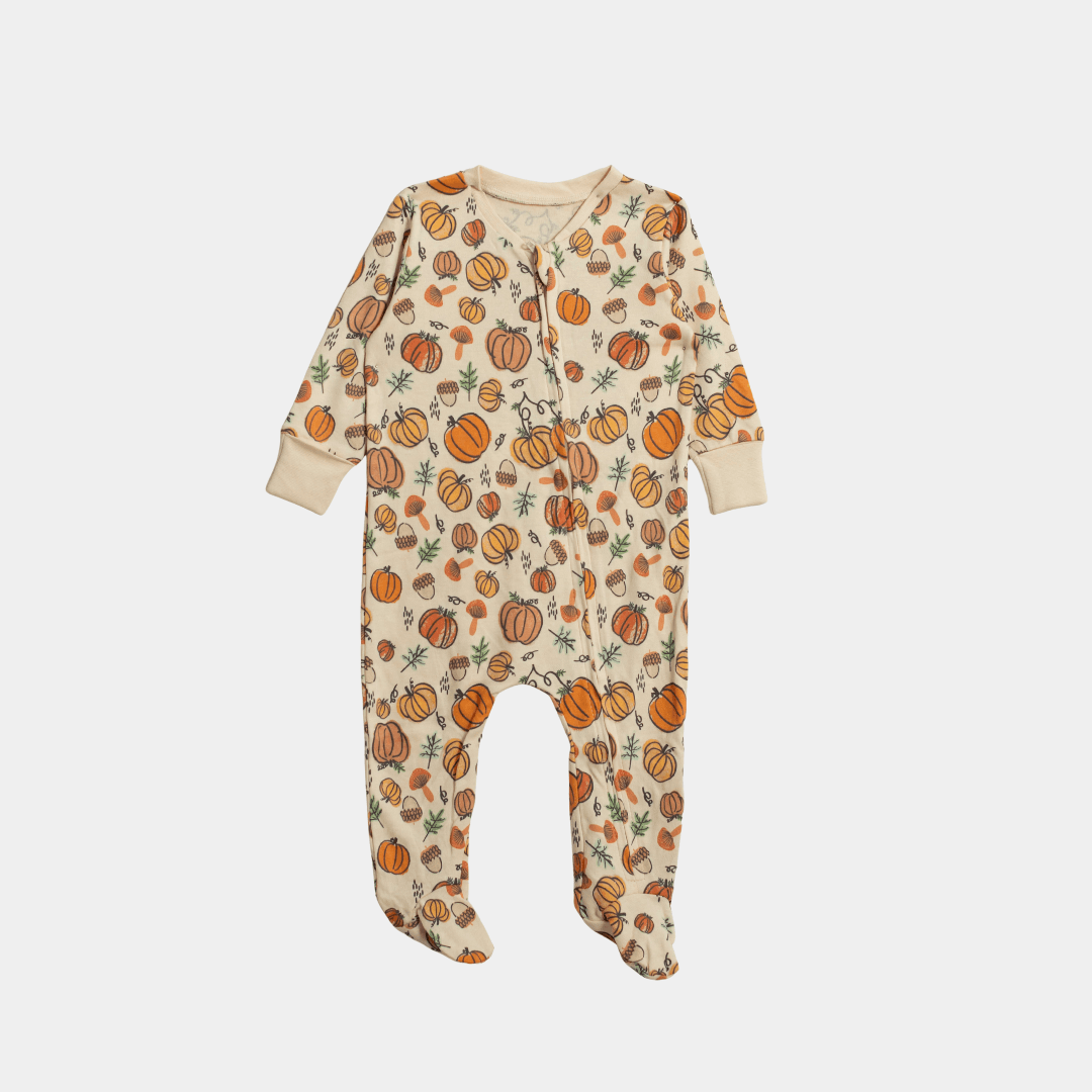 Baby Unisex Sleepsuit – Off White with Pumpkin Print - KIDKO
