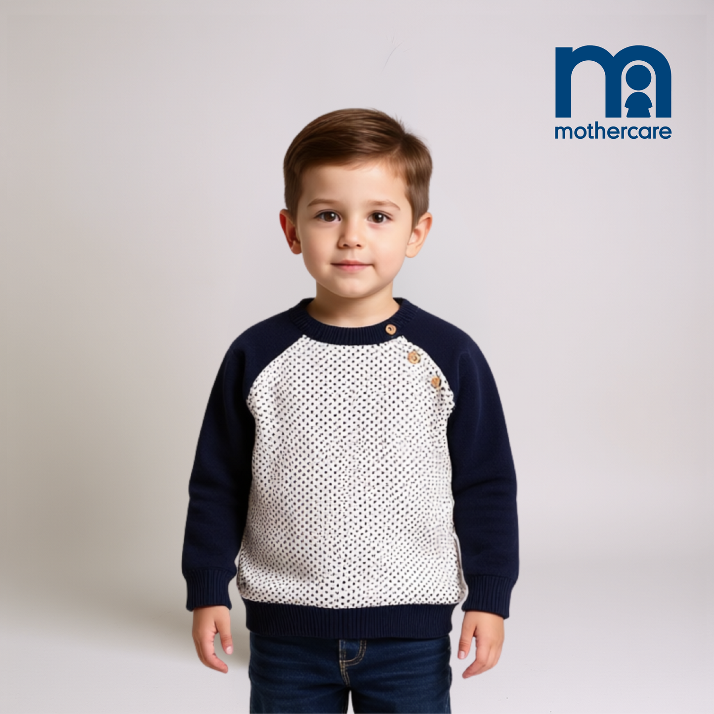 "Boys Cotton Sweater – Off-White with Dark Blue Sleeves "