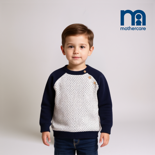 "Boys Cotton Sweater – Off-White with Dark Blue Sleeves "
