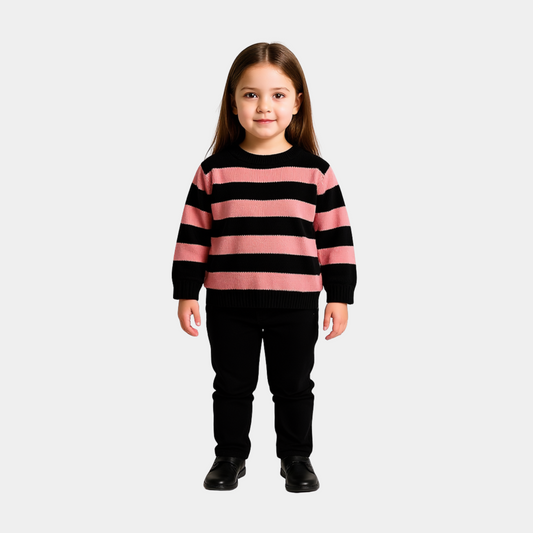 Girls Striped Round Neck Top – Pink & Black