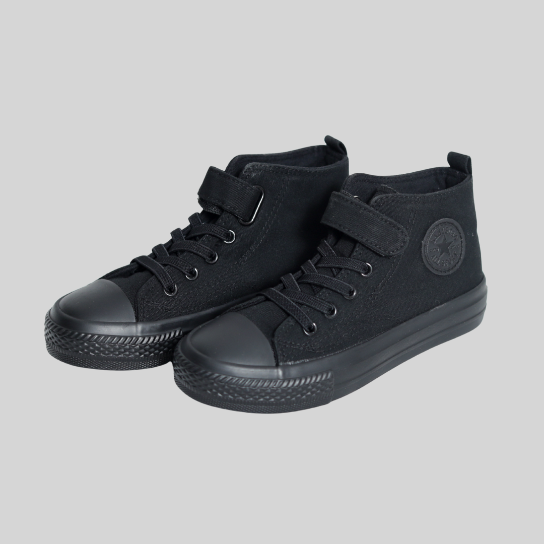 Kids All-Black High-Top Canvas Sneakers – Velcro & Lace Style