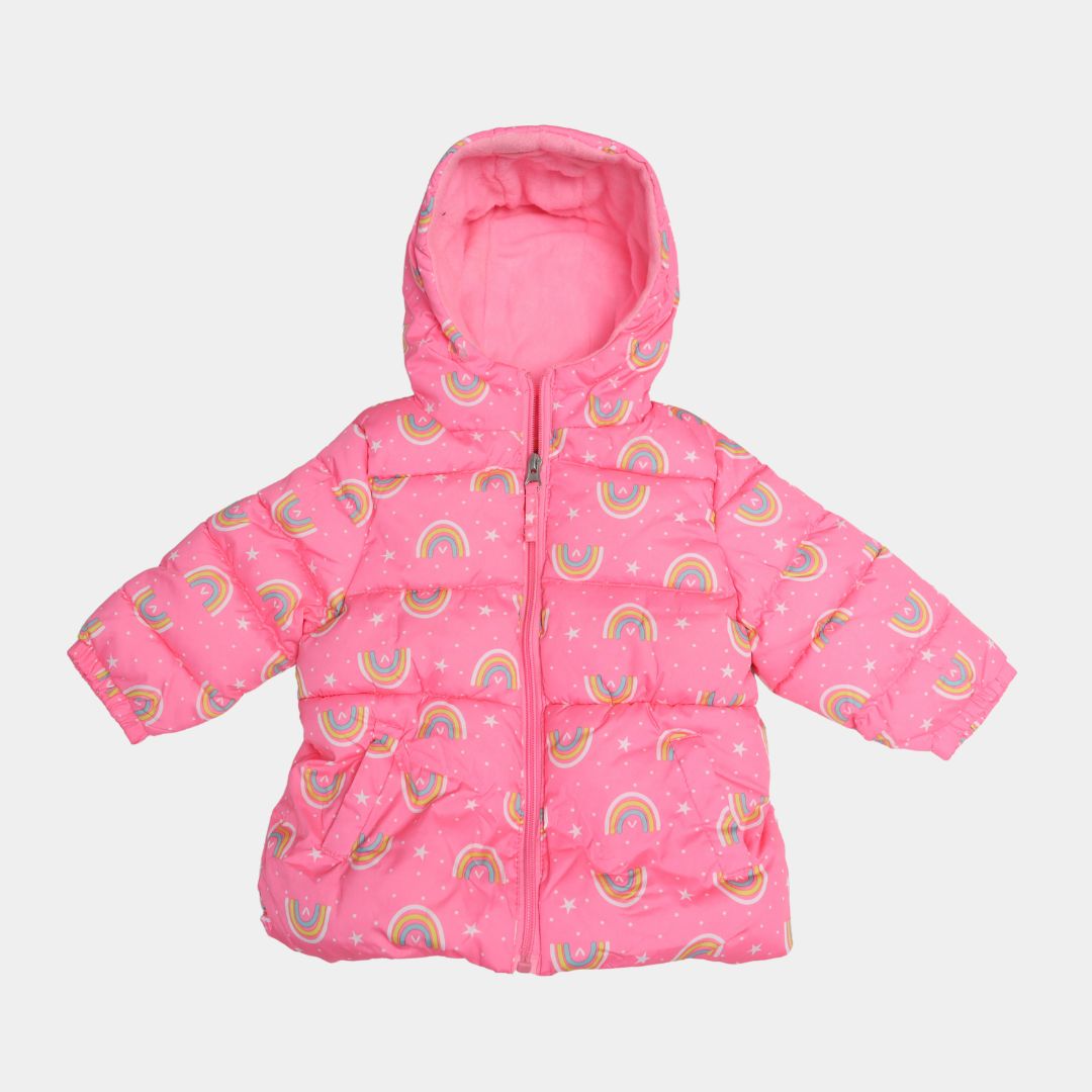 Girls Pink Rainbow Puffer Jacket with Soft Inner Lining