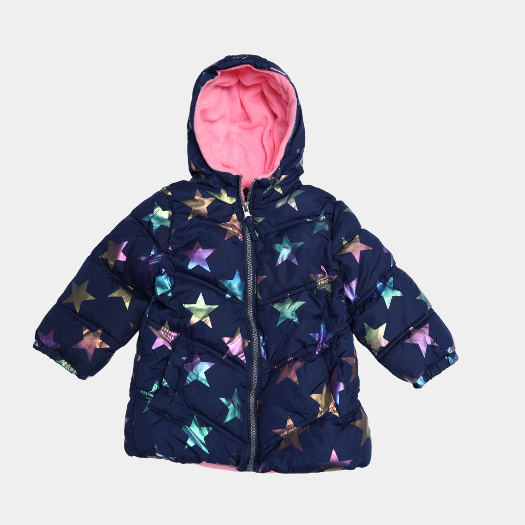 Girls Metallic Star Print Winter Puffer Jacket with Hood