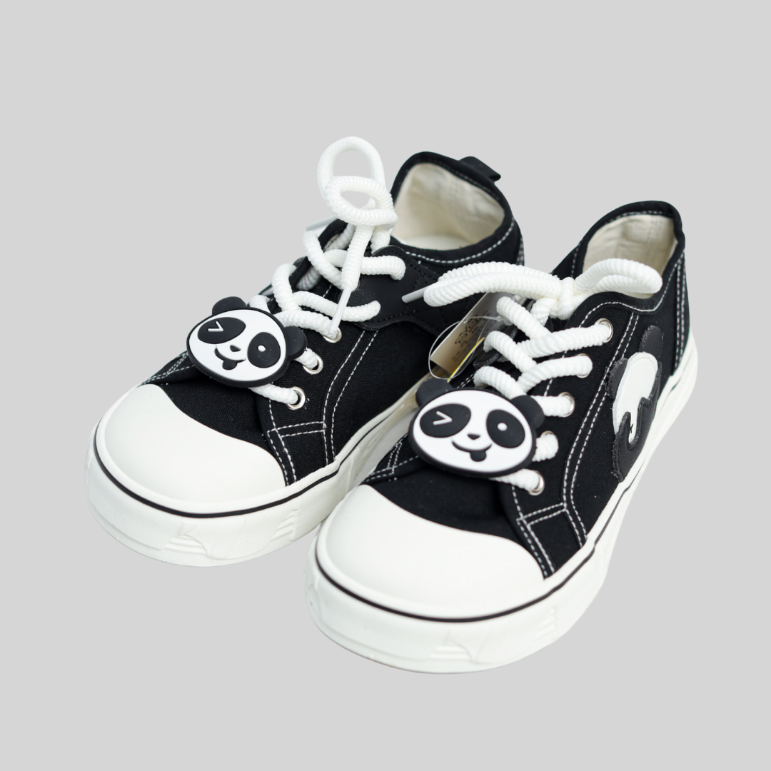 Kids Black Panda Canvas Sneakers – Fun Lace-Up Casual Shoes
