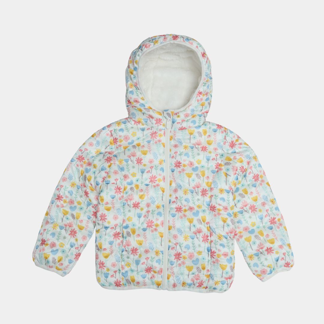 Girls White Floral Puffer Jacket with Soft Fur Lining
