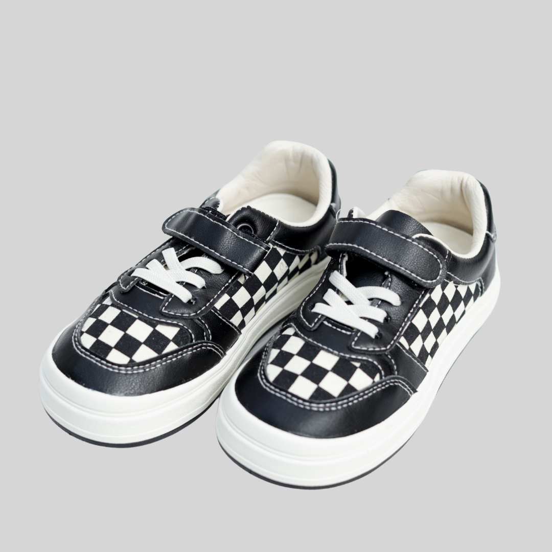 Kids Black & White Checkered Sneakers – Stylish Casual Everyday Shoes
