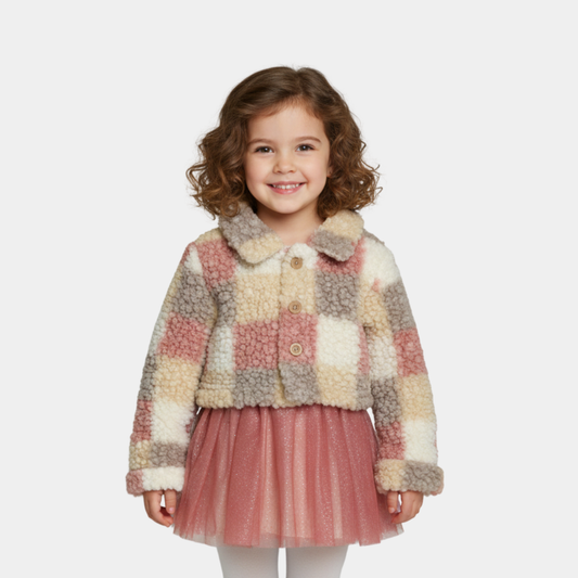 Girls Checkered Teddy Fleece Jacket – Multicolor