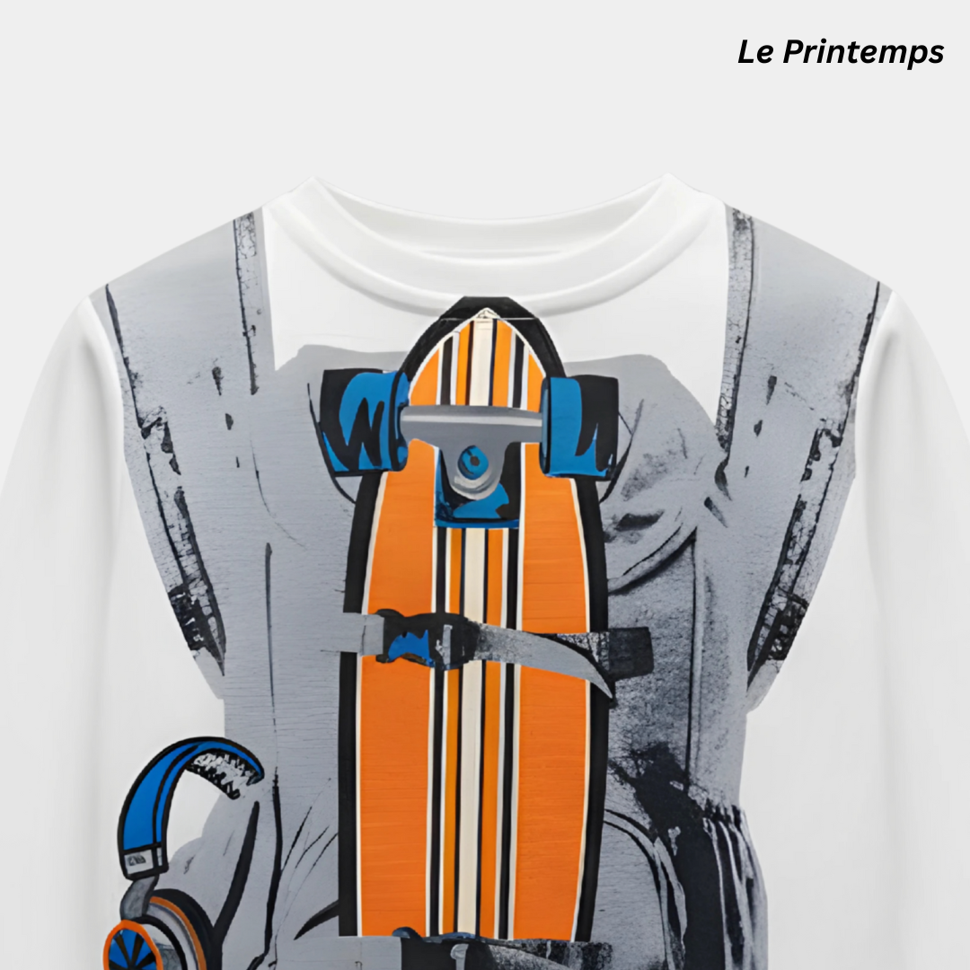 Kids Full-Sleeves White Skateboard Print Shirt – Trendy Street Style