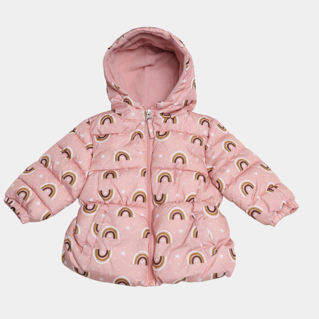 Girls Pink Rainbow Puffer Jacket with Hood & Soft Inner Lining