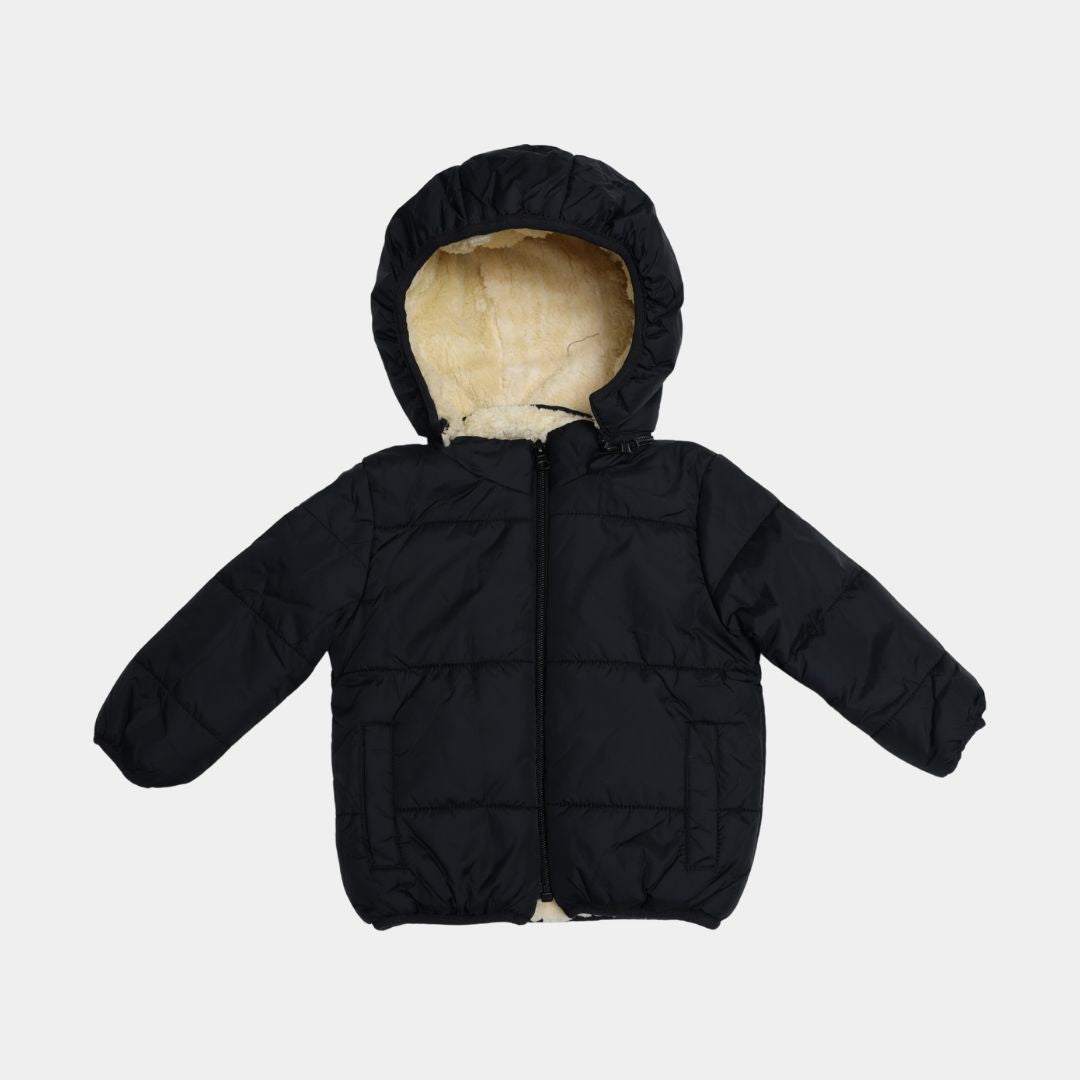 Boys Black Winter Puffer Jacket with Cozy Sherpa Lining & Hood