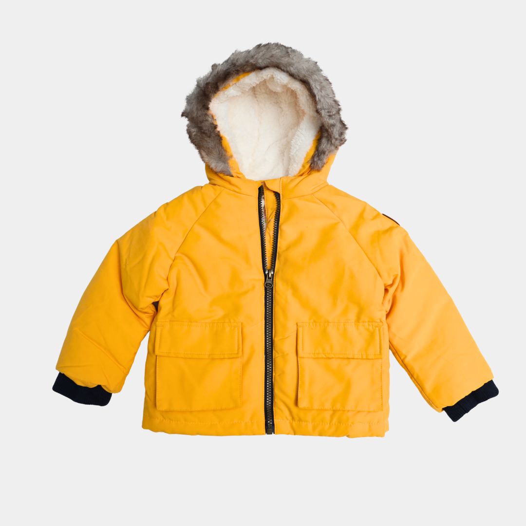 Boys Yellow Puffer Jacket with Fur Hood