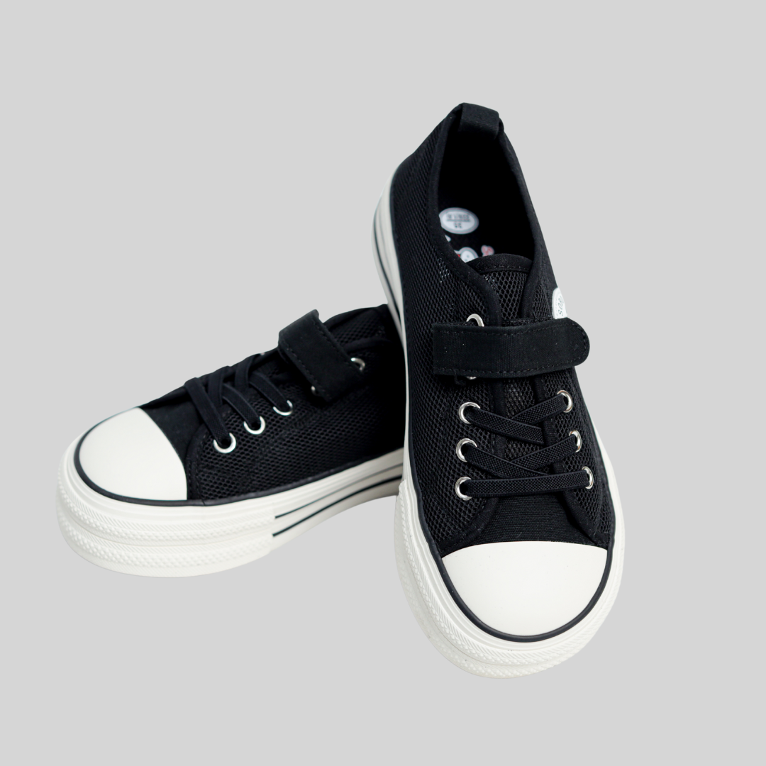 Kids Black Mesh Sneakers – Breathable Velcro & Lace Shoes