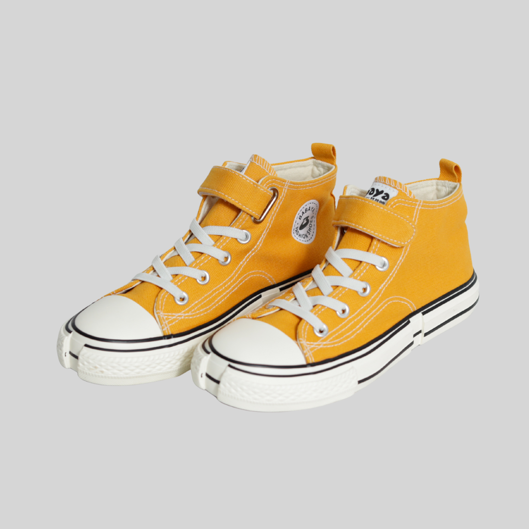 Kids Mustard Yellow High-Top Canvas Sneakers – Velcro & Lace Style