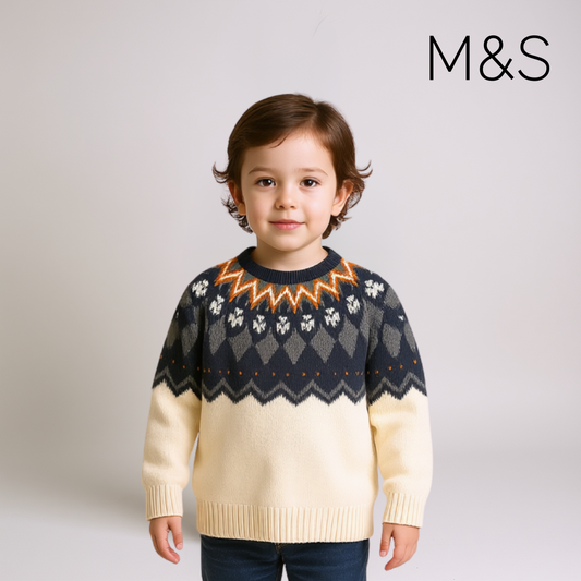 Boys Sweater – Off‑White with Royal Blue Yoke