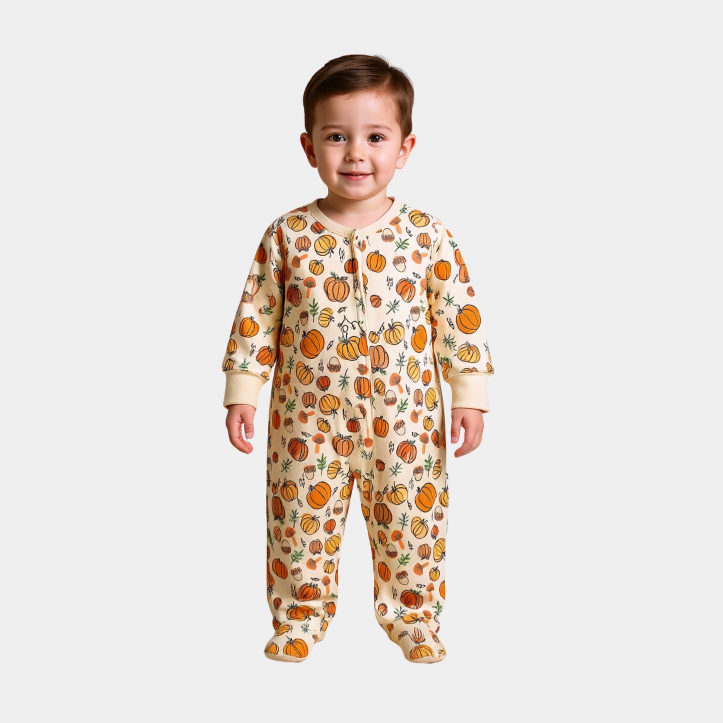 Baby Unisex Sleepsuit – Off White with Pumpkin Print