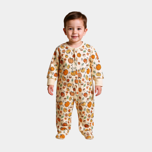 Baby Unisex Sleepsuit – Off White with Pumpkin Print