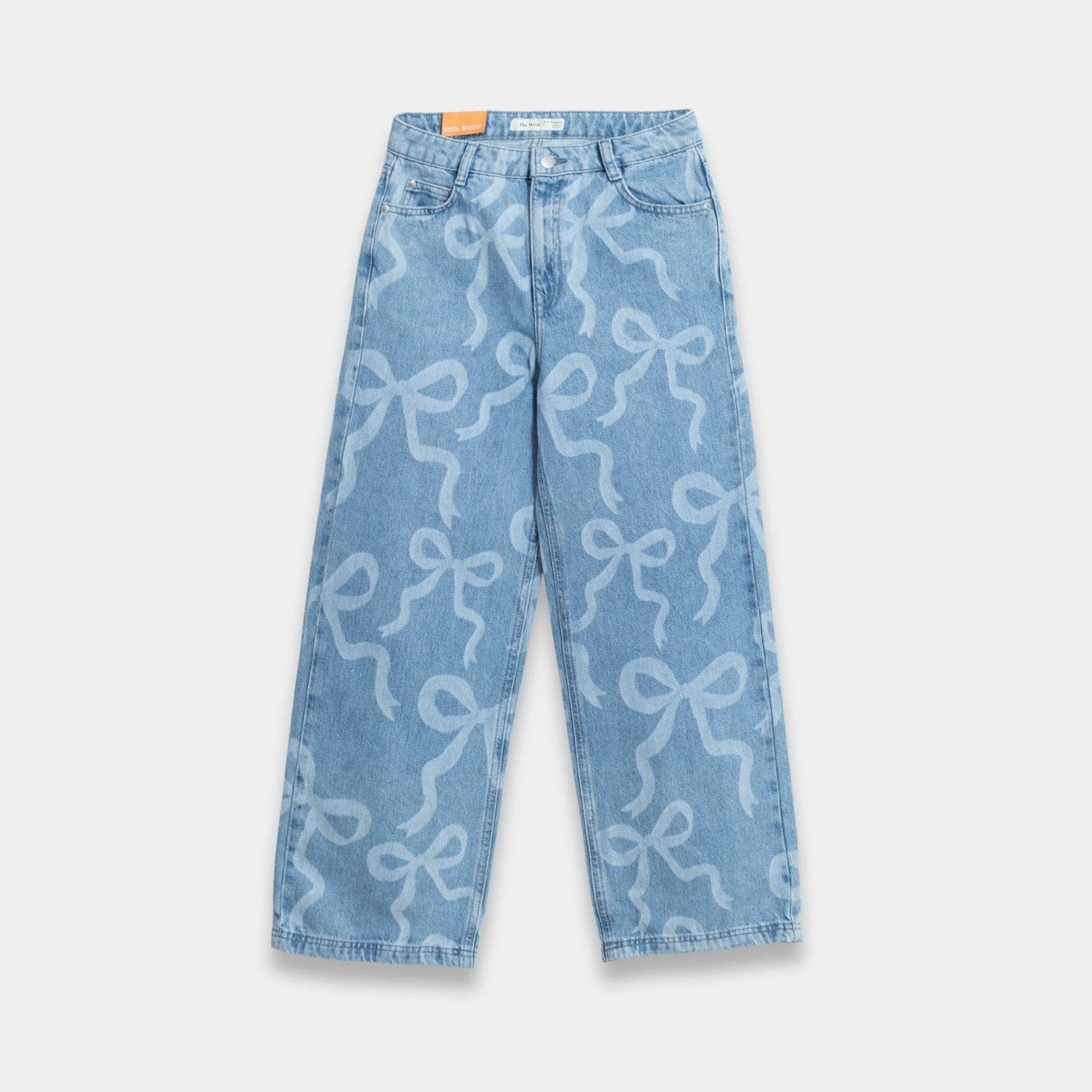 Girls Wide‑Leg Bow Print Denim Jeans - Sky Blue - KIDKO