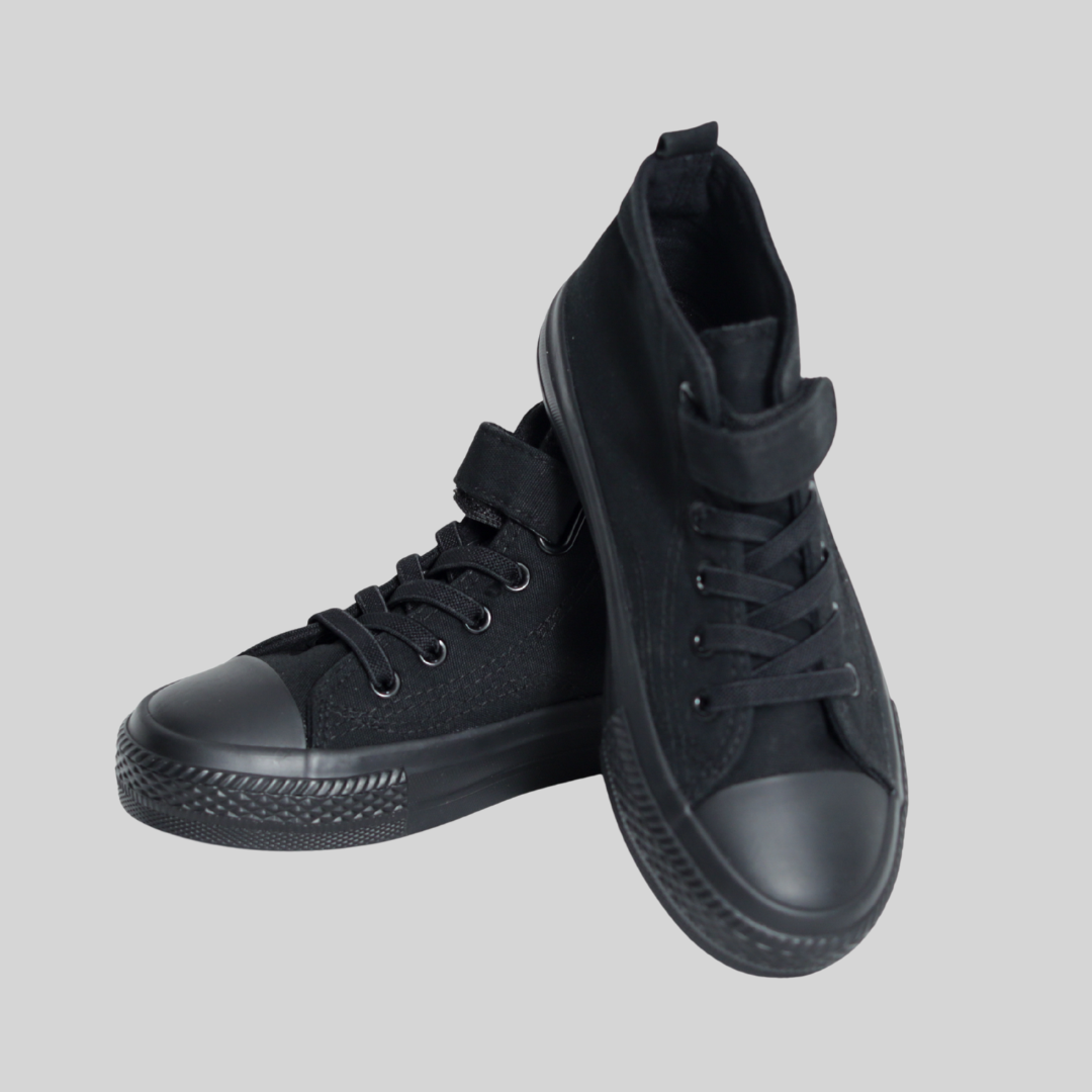 Kids All-Black High-Top Canvas Sneakers – Velcro & Lace Style