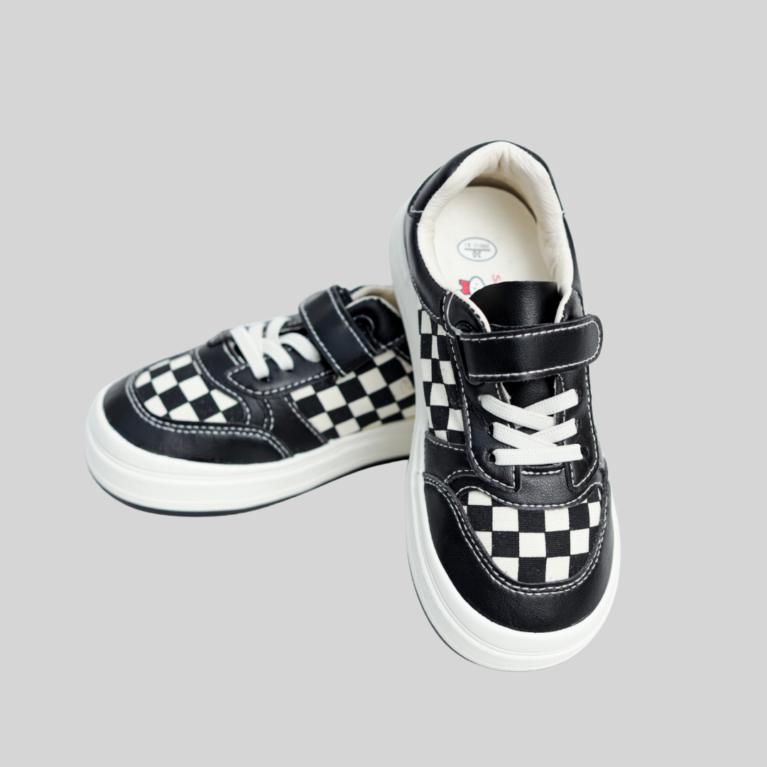 Kids Black & White Checkered Sneakers – Stylish Casual Everyday Shoes