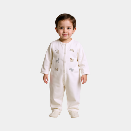 Baby Unisex Velour Sleepsuit – Cream with Safari Animals