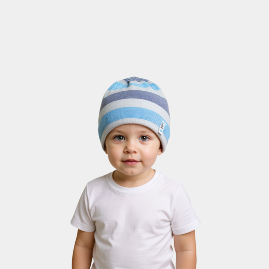 Boys Beanie Cap - White with Gray & Blue Stripes