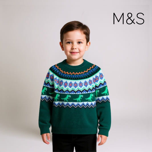 Boys Dinosaur Fair Isle Sweater – Dark Green