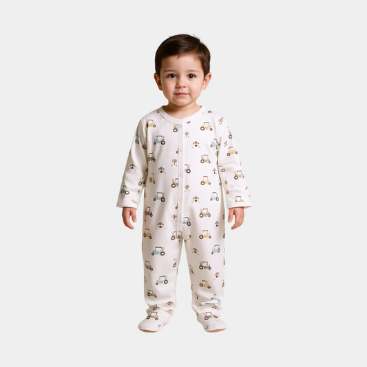 Baby Unisex Sleepsuit – White with Tractor Print