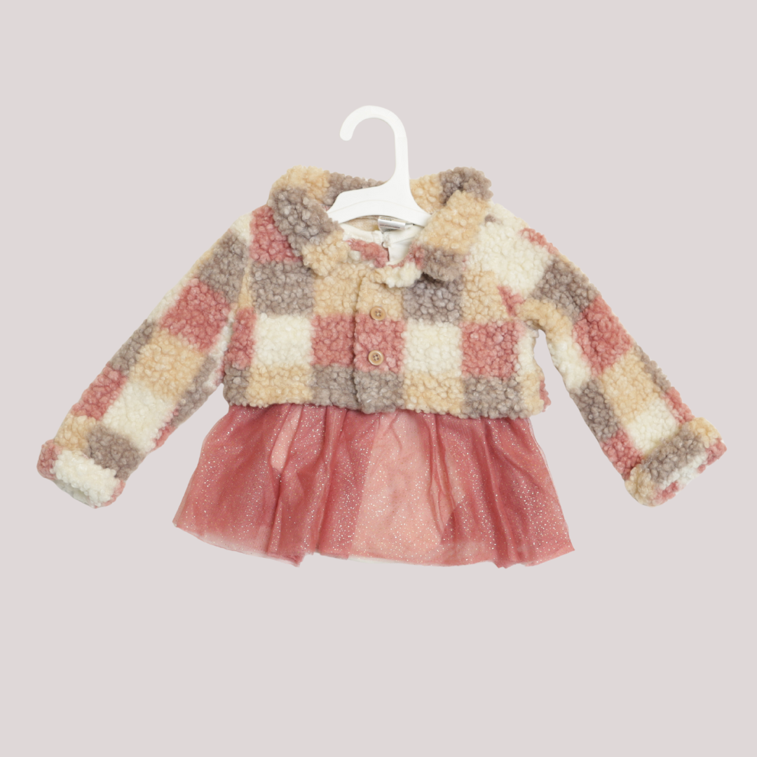 Girls Checkered Teddy Fleece Jacket – Multicolor