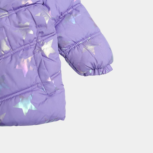 Girls Lilac Metallic Star Print Winter Puffer Jacket with Hood