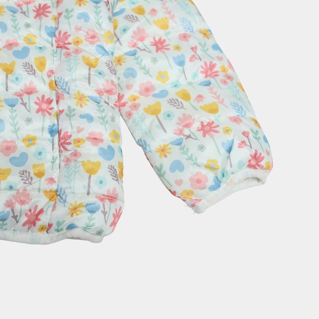 Girls White Floral Puffer Jacket with Soft Fur Lining