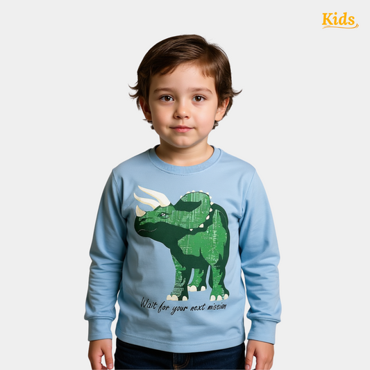 Boys Blue Full Sleeves Shirt with Dinosaur Print – Casual Kids Wear