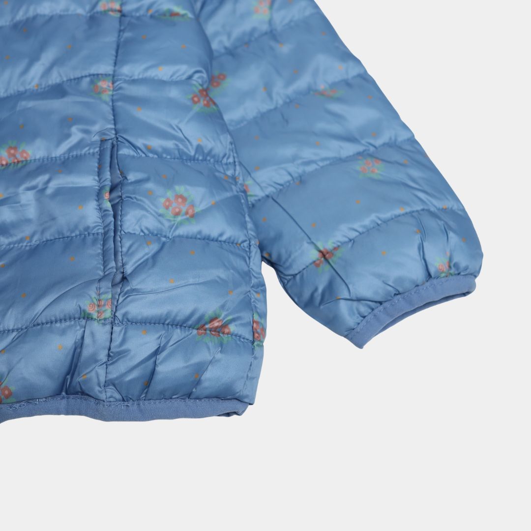 Girls Light Blue Printed Puffer Jacket with Fur Lining