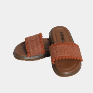 Girls Brown Textured Slide Sandals – Soft Pom-Pom Strap