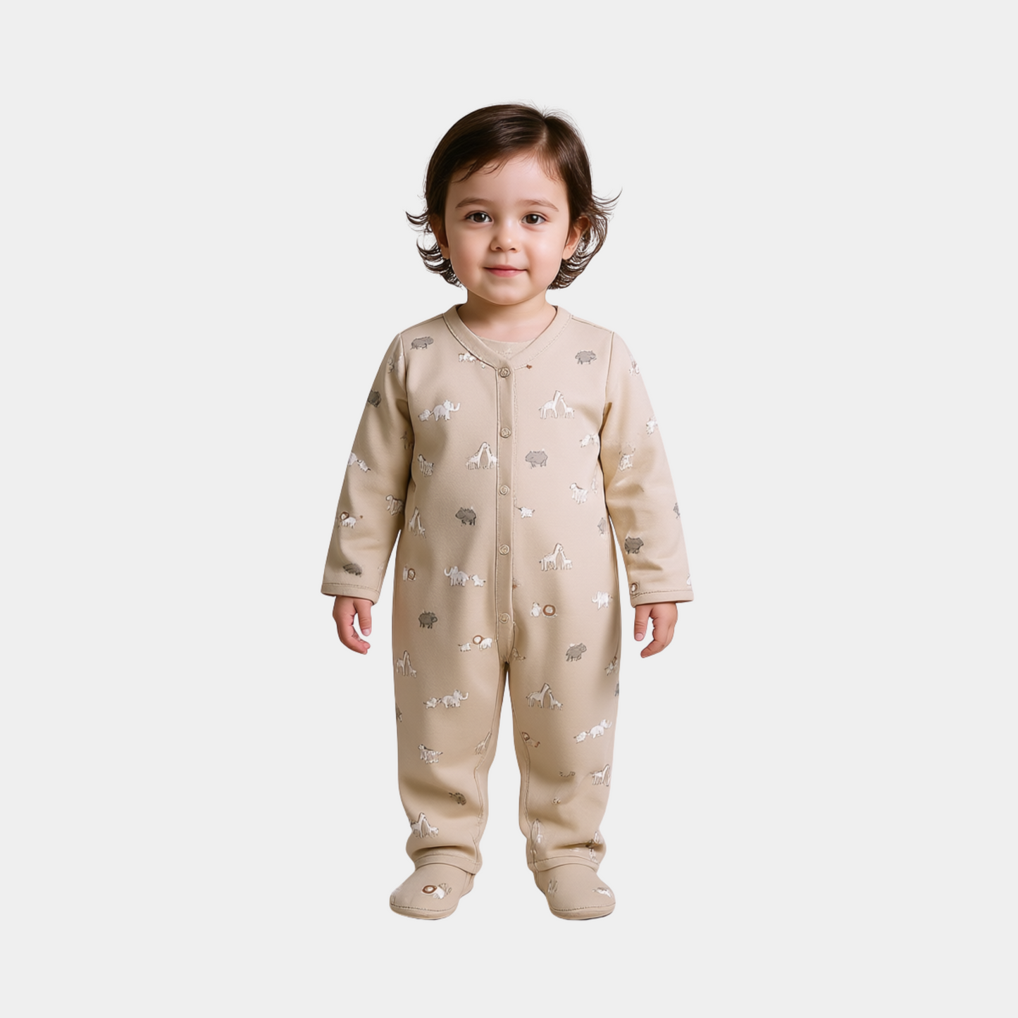 Baby Unisex Sleepsuit – Light Beige Animal Print