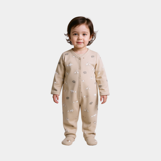 Baby Unisex Sleepsuit – Light Beige Animal Print
