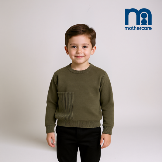Boys Knitted Cotton Sweater – Olive Green