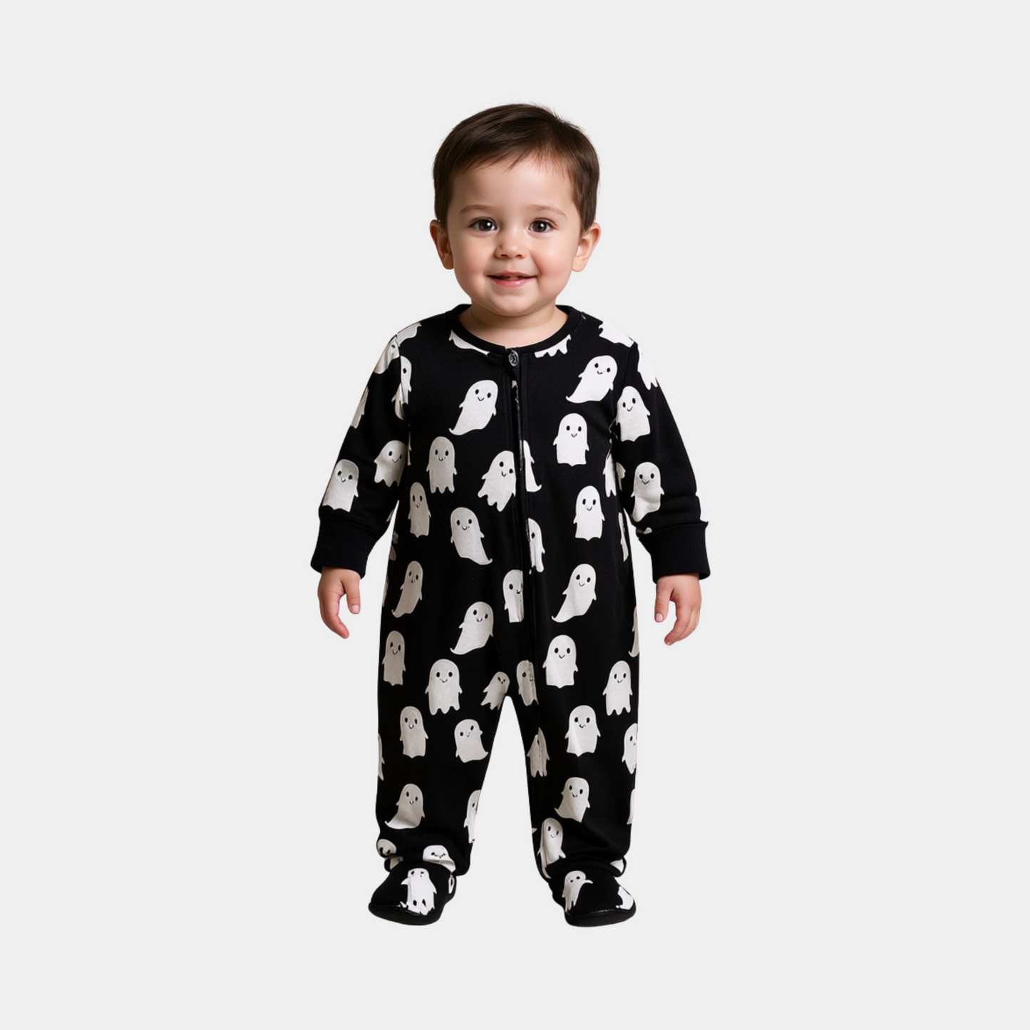 Baby Unisex Sleepsuit – Black with Ghost Print
