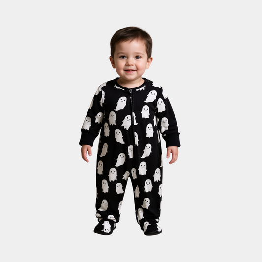 Baby Unisex Sleepsuit – Black with Ghost Print