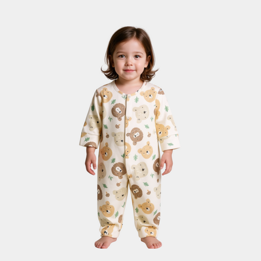 Baby Unisex Sleepsuit – White with Brown Bear Print