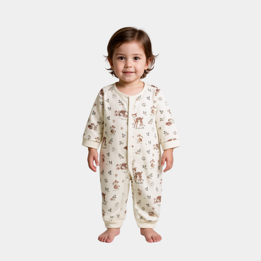 Baby Unisex Full Sleeve Sleepsuit – Off-White with Deer Print