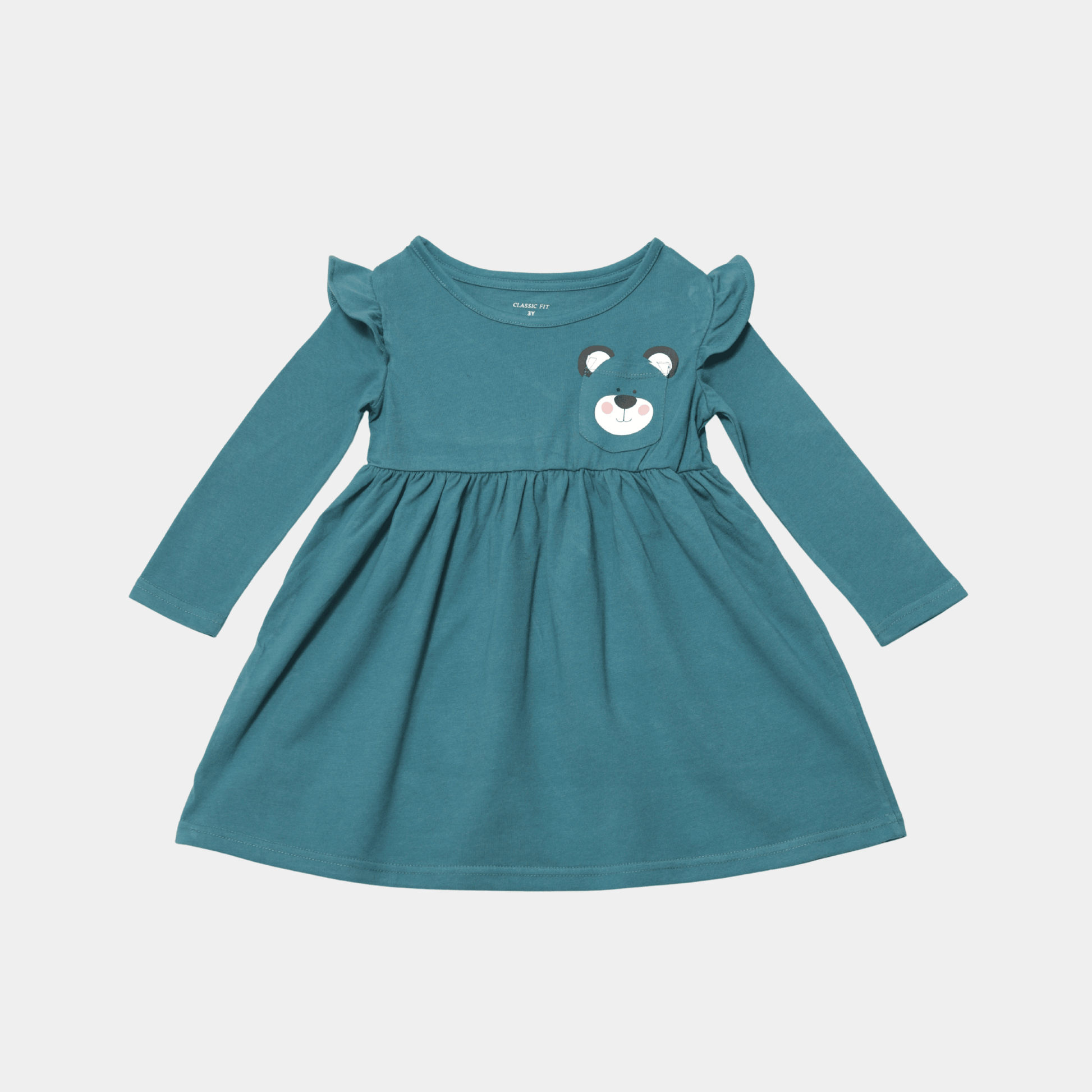 Girls Frock – Dark Green with Bear Pocket - KIDKO