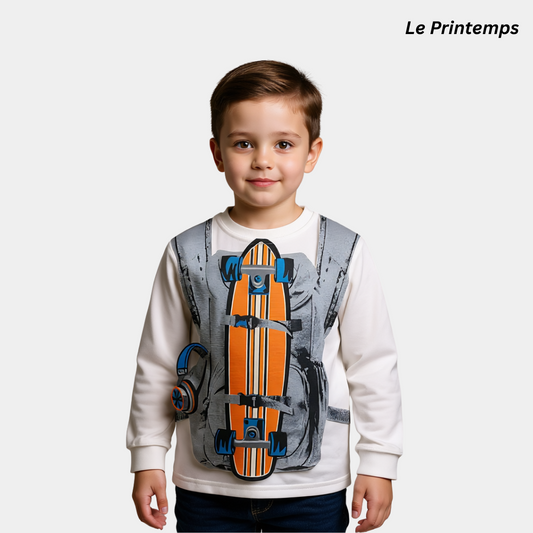 Kids Full-Sleeves White Skateboard Print Shirt – Trendy Street Style