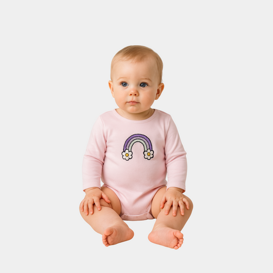 Baby Girls’ Organic Cotton Bodysuit – Rainbow & Flower bouncle Print