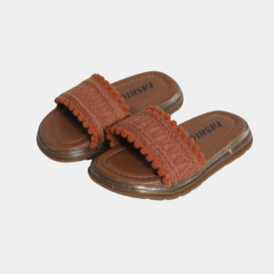 Girls Brown Textured Slide Sandals – Soft Pom-Pom Strap