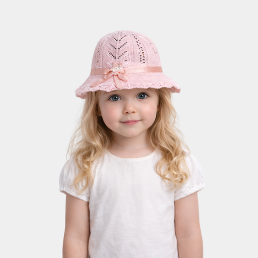 Baby Girls Pink Crochet  Hat –Lace Design with Bow