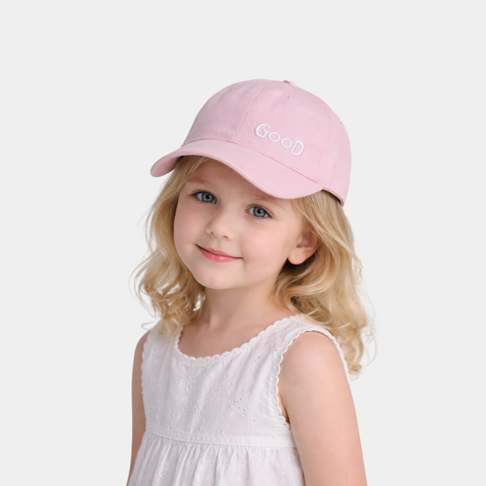 Kids Pink “GOOD” Baseball Cap with Yellow Adjustable Strap