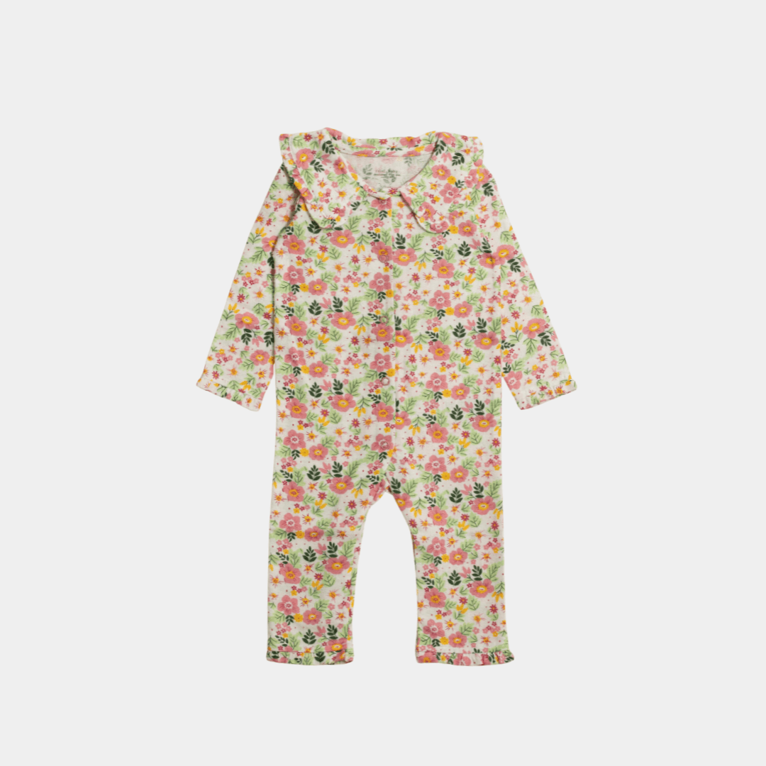 Baby Girls Full Sleeve Sleepsuit – White Green Pink Floral Pattern - KIDKO