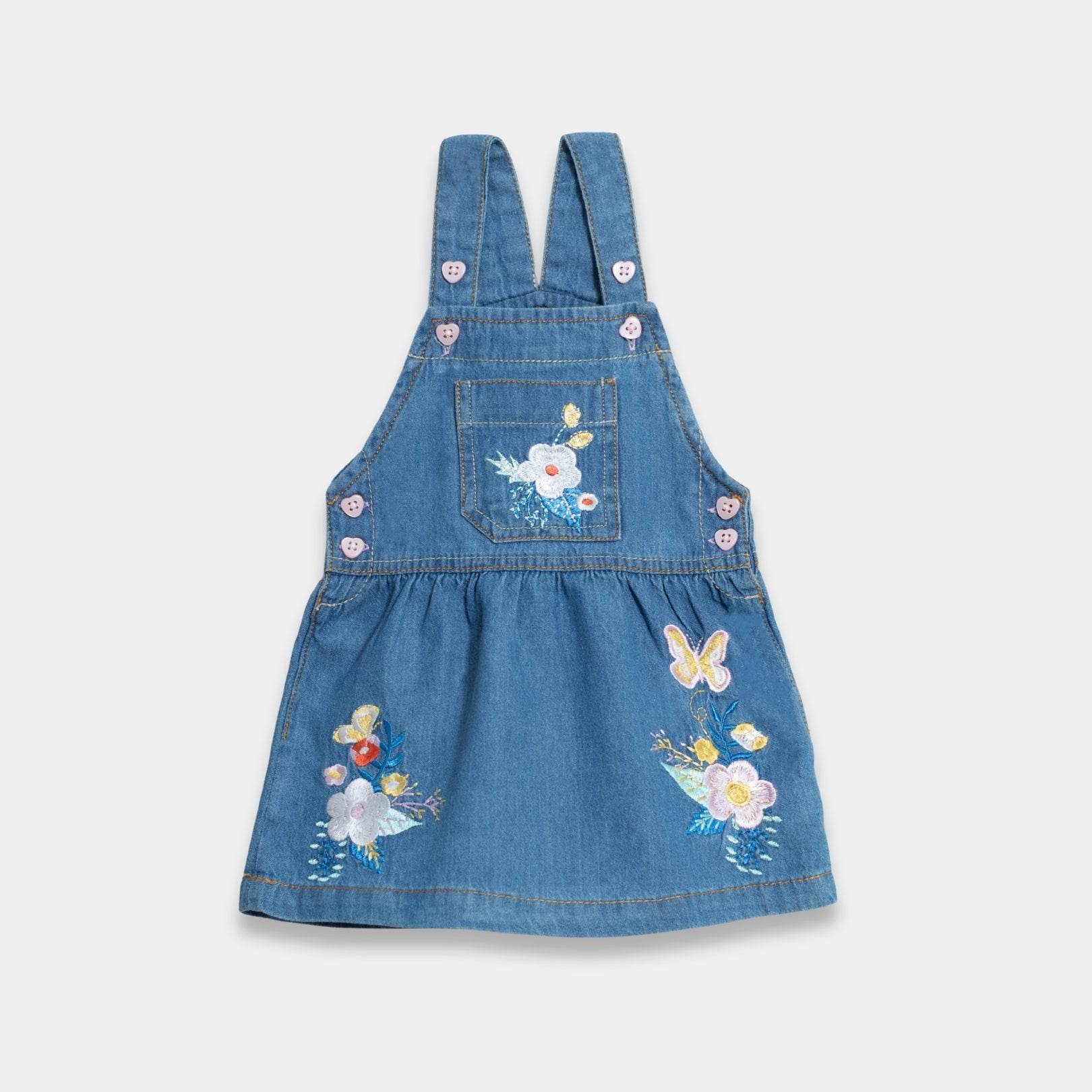 Girls Floral-Print Cotton Dungaree – Denim Light Blue - KIDKO