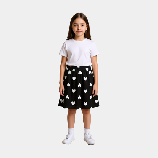 Girls Printed Skirt - Black with White Hearts