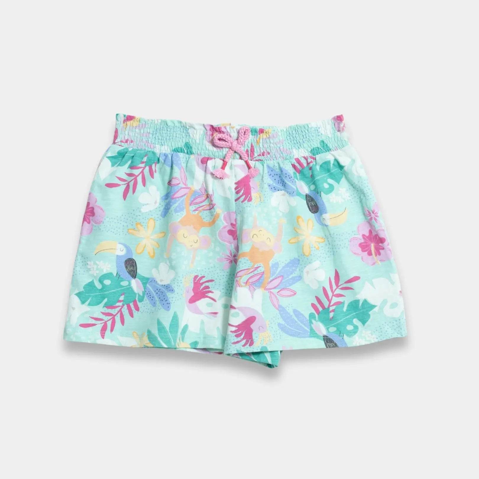 Girls Chambray Cotton Printed Shorts - Sea Green Color - KIDKO